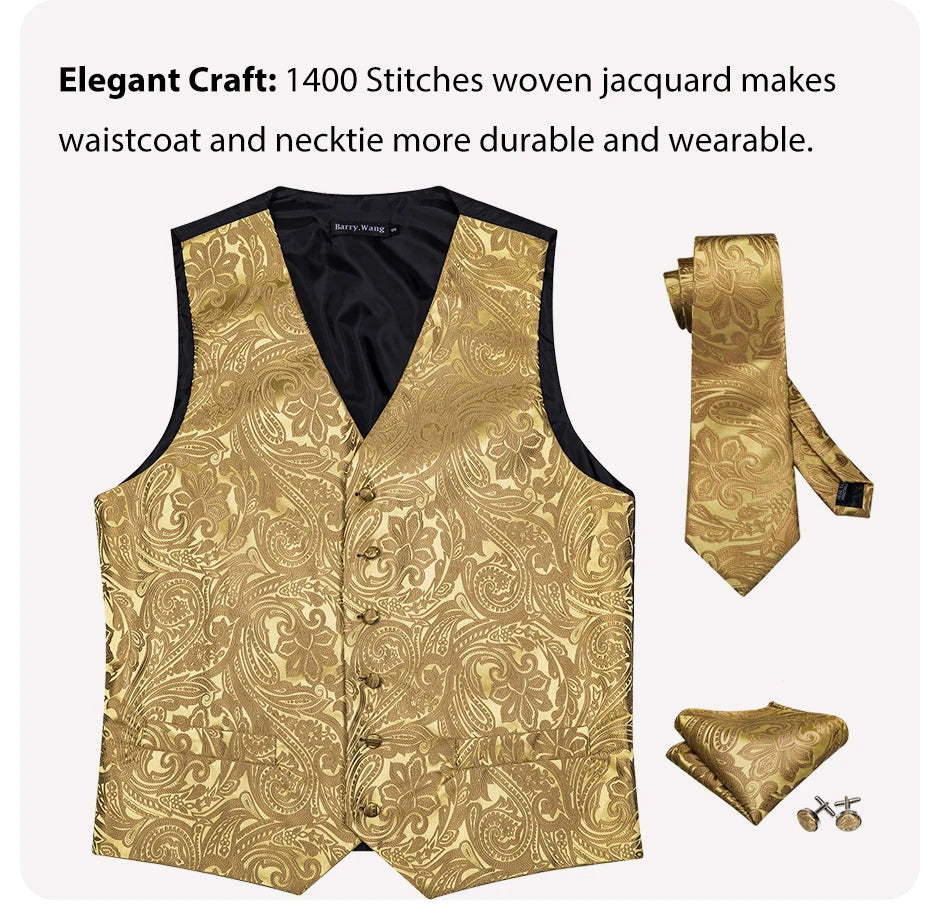 Men’s Jacquard Suit Vest 4-Piece Set – Waistcoat with Tie, Pocket Square & Cufflinks Style Heaven