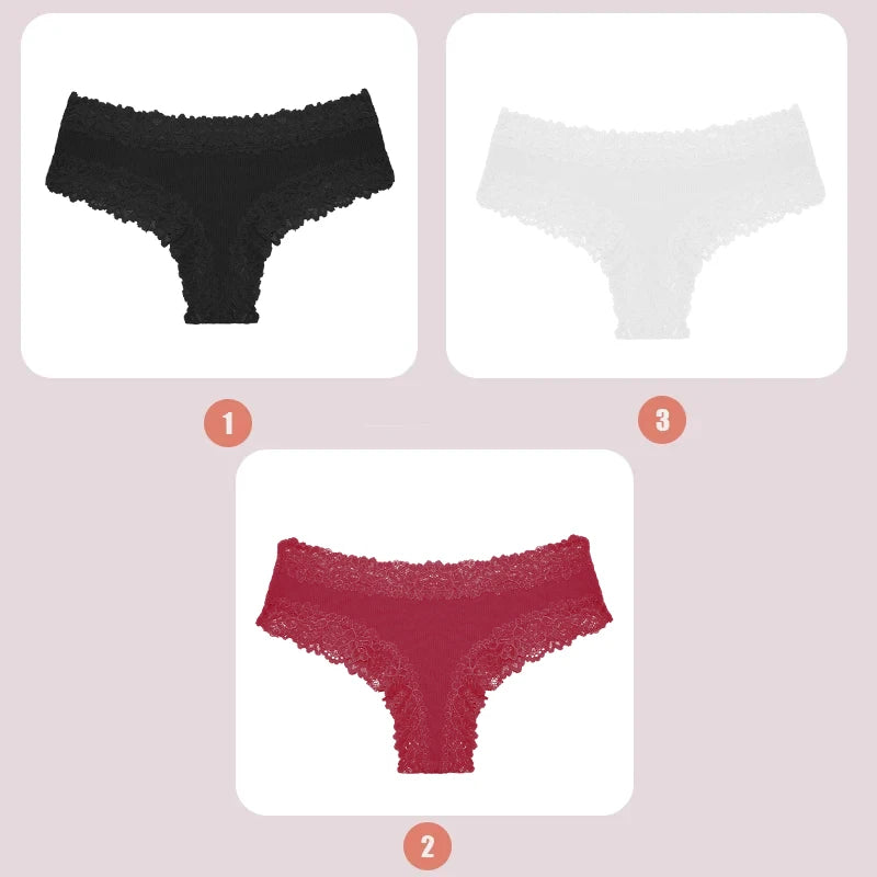3PCS Women's Lace Seamless Cotton Panties – Ribbed Brazilian Low Waist Underwear, Breathable & Plus Size Lingerie Style Heaven