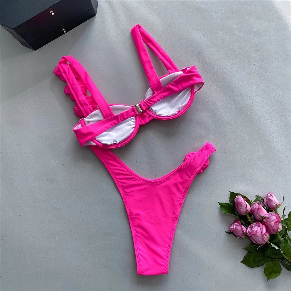 Sexy 3D Flower Shiny Pink Push-Up Bikini – Underwired High-Cut Bathing Suit with Wrinkled Detailing – 2025 Swimwear Set Style Heaven