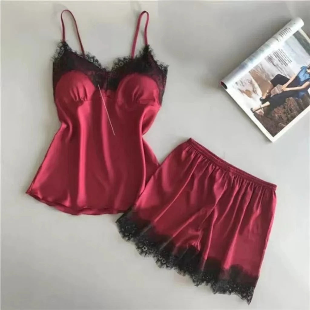 Sexy Lace Halter Pajama Set – 2-Piece Camisole & Shorts Sleepwear Style Heaven