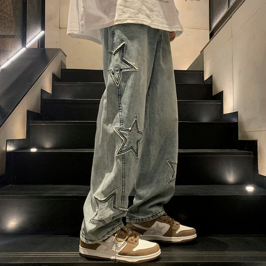 Men’s Gothic Star Embroidery Wide-Leg Jeans – Y2K Hip-Hop Streetwear Denim - Style Heaven