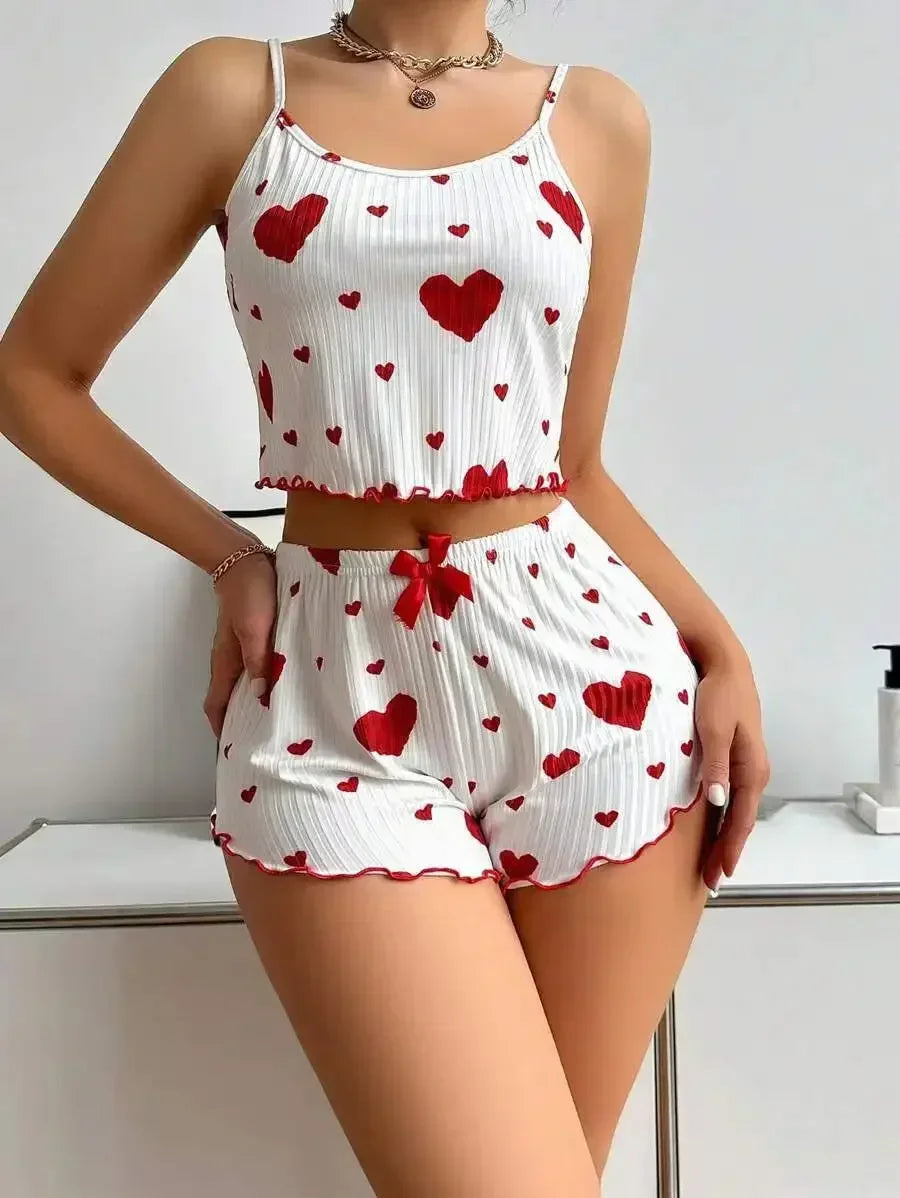 Heart Print Backless Pajama Set – Cute & Comfy Summer Loungewear Style Heaven