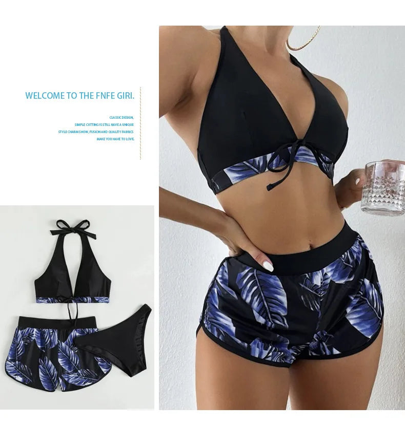 Women’s Sexy Leaf Print 3-Piece High Waist Bikini Set – Stylish Beach Swimwear Style Heaven