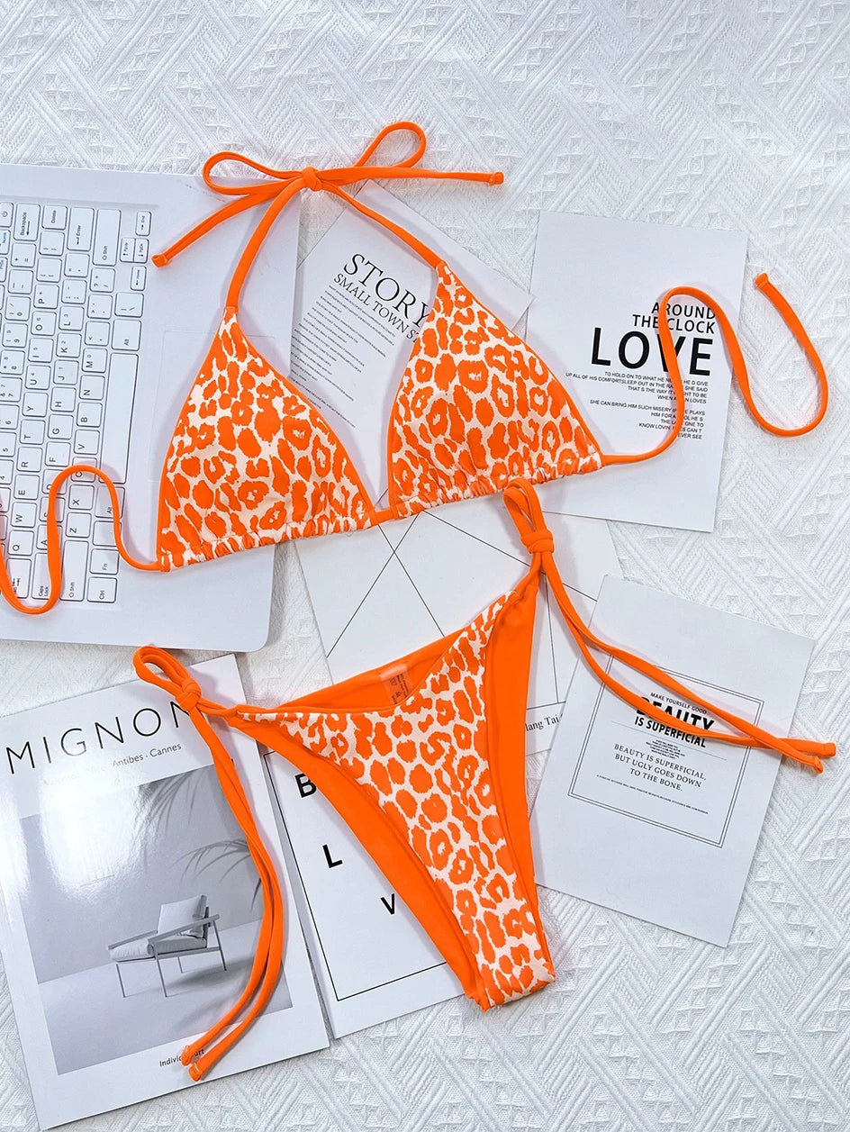 2024 Sexy Leopard Micro Bikini – Women’s Brazilian Halter Swimwear Set with Lace-Up Design Style Heaven