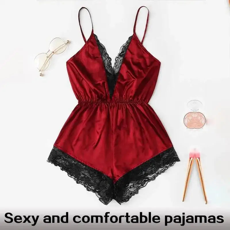 Sexy Lace Backless Pajama Set – V-Neck Bodysuit & Bow Shorts Style Heaven