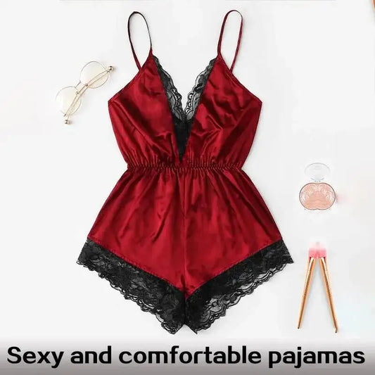 Sexy Lace Backless Pajama Set – V-Neck Bodysuit & Bow Shorts Style Heaven