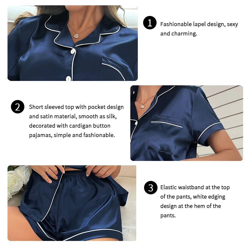 Silk Satin Pajama Set – Button-Down Top & Shorts 2-Piece Sleepwear Style Heaven