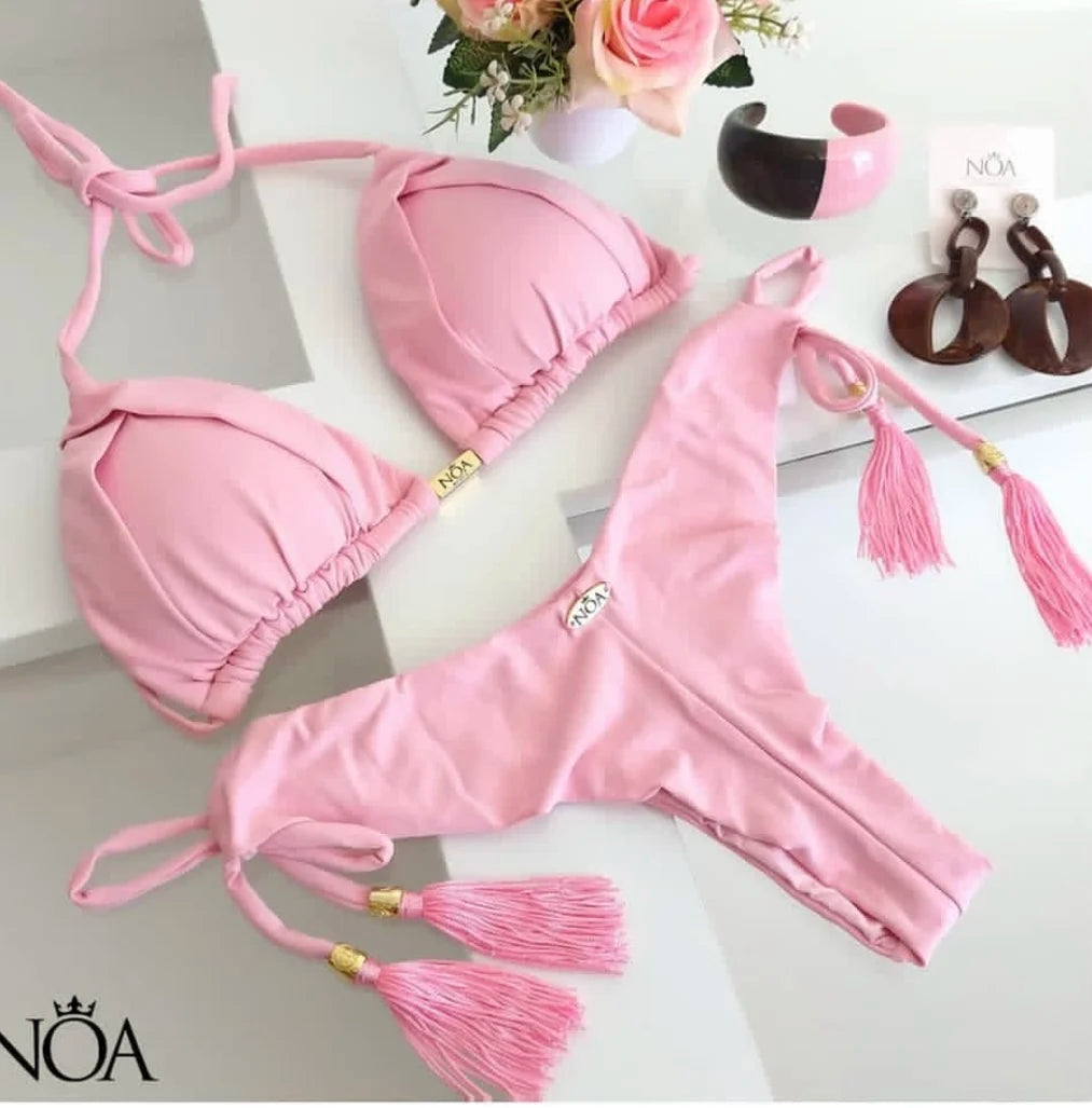 Sexy Triangle Bathing Suit for Women – Brazilian Bikini Halter Swimwear with Push Up and Metal Chain Details Style Heaven