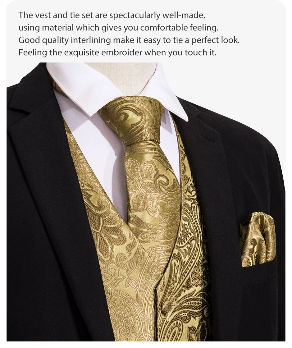 Men’s Jacquard Suit Vest 4-Piece Set – Waistcoat with Tie, Pocket Square & Cufflinks Style Heaven
