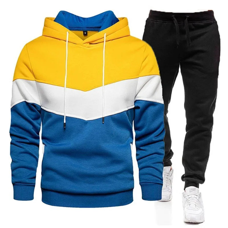 Men’s Autumn & Winter Sportswear Set – 3-Color Block Hoodie & Sweatpants Style Heaven