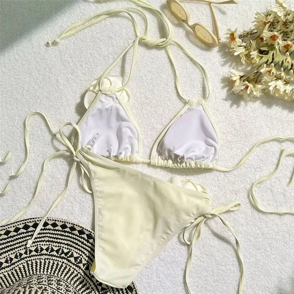 Sexy Flower Bandeau Swimwear Thong Bikini – Lace-Up Brazilian Bikinis Set for Women Style Heaven