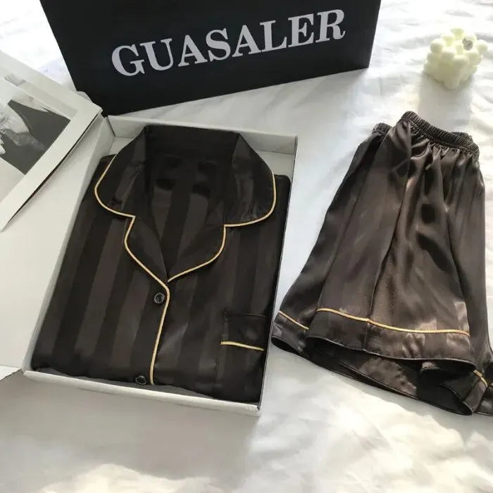 Elegant Satin Striped Pajama Set – Plus Size Button-Up Lounge Wear Style Heaven