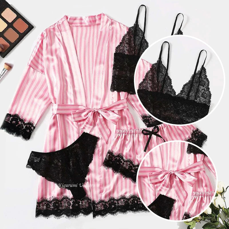 4-Piece Satin & Lace Pajama Set – Pink & White Striped Sleepwear Style Heaven
