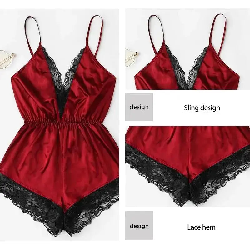 Sexy Lace Backless Pajama Set – V-Neck Bodysuit & Bow Shorts Style Heaven