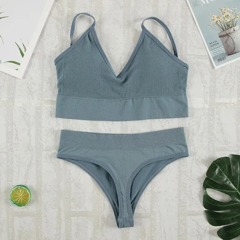2-Piece Seamless Bralette & G-String Set – Soft Tank Crop Lingerie