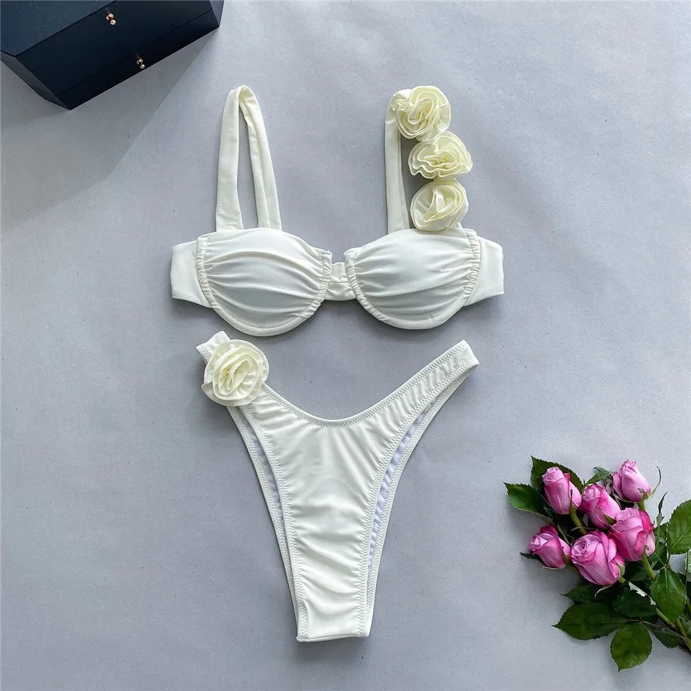 Sexy 3D Flower Shiny Pink Push-Up Bikini – Underwired High-Cut Bathing Suit with Wrinkled Detailing – 2025 Swimwear Set Style Heaven