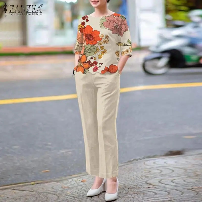 2-Piece Floral Blouse & Pants Set – Elegant Office & Summer Outfit for Women Style Heaven