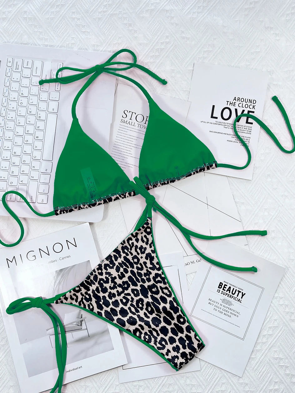 2024 Sexy Leopard Micro Bikini – Women’s Brazilian Halter Swimwear Set with Lace-Up Design Style Heaven