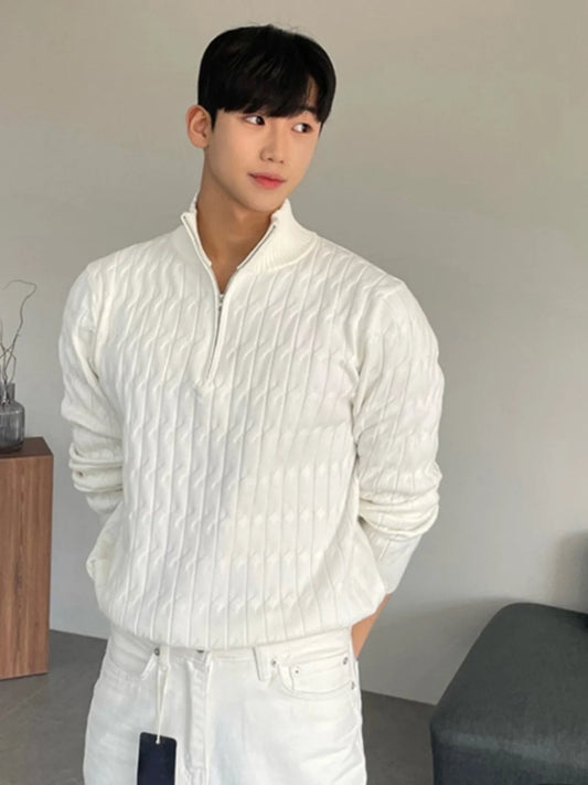 Men’s High-Neck Zipper Knitted Sweater – Casual White Outerwear for Spring & Autumn - Style Heaven