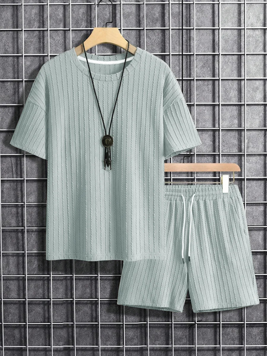 Men’s Two-Piece Summer Set – Solid Stripe T-Shirt & Shorts Casual Gym Streetwear Style Heaven