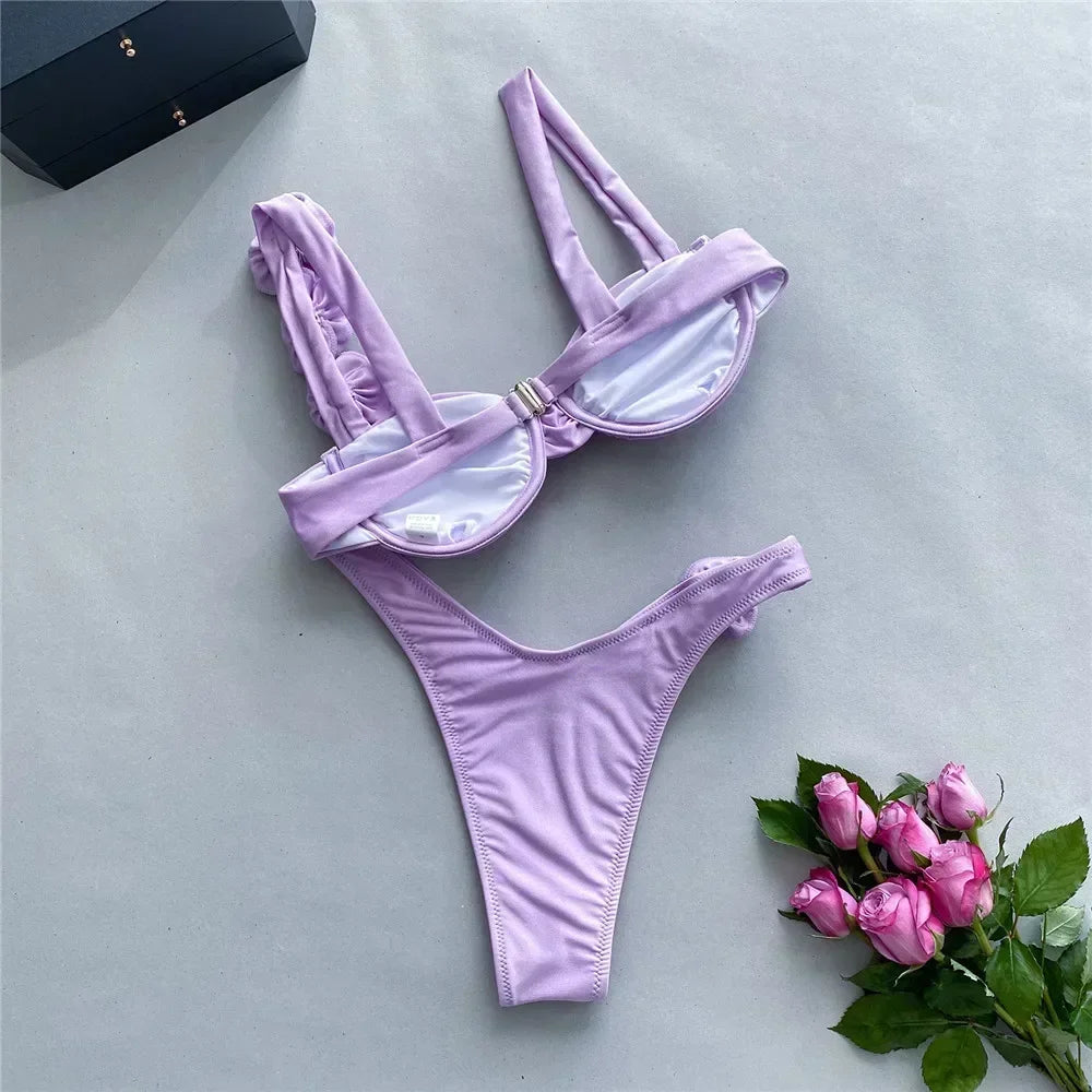 Sexy 3D Flower Shiny Pink Push-Up Bikini – Underwired High-Cut Bathing Suit with Wrinkled Detailing – 2025 Swimwear Set Style Heaven