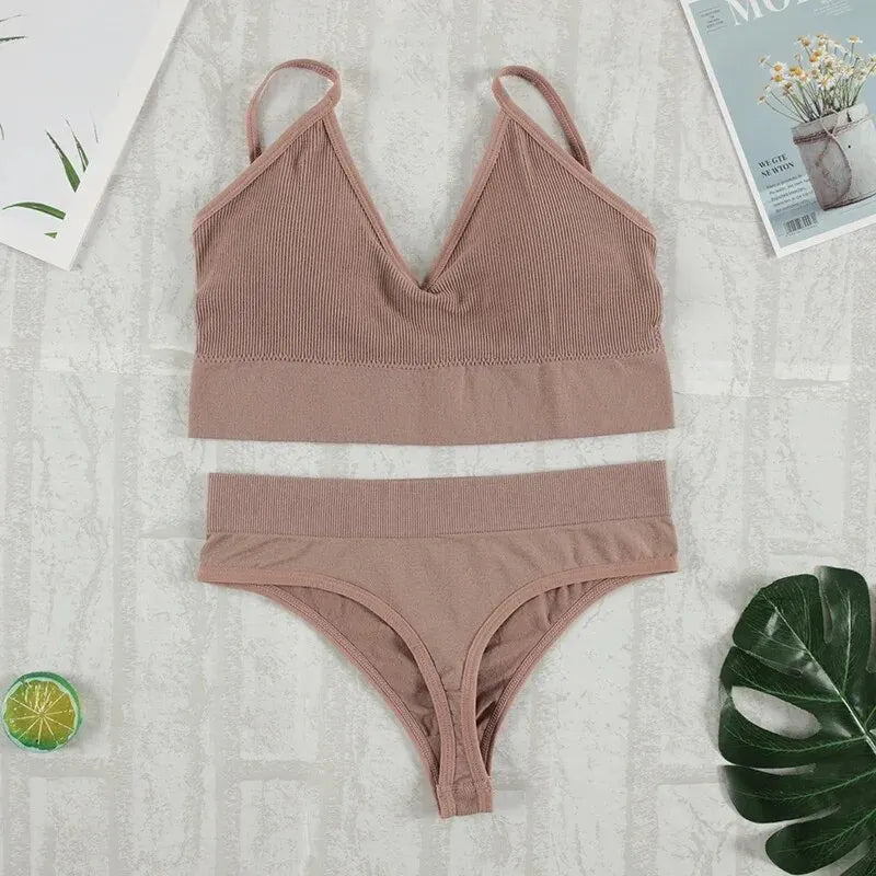 2-Piece Seamless Bralette & G-String Set – Soft Tank Crop Lingerie