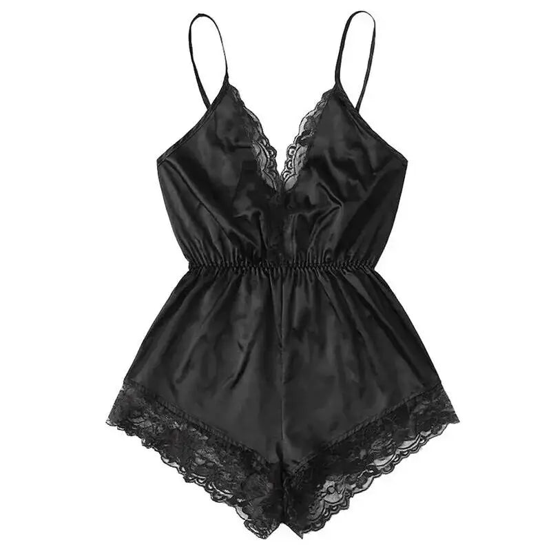 Sexy Lace Backless Pajama Set – V-Neck Bodysuit & Bow Shorts Style Heaven