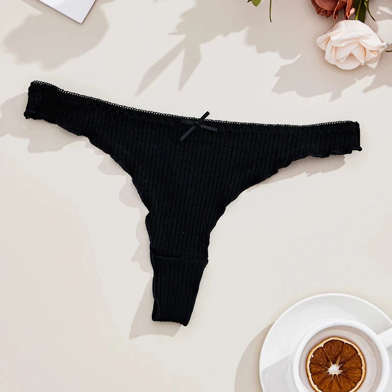 3-Pack Ribbed Cotton Thong Panties – Low Rise G-String with Bow Detail