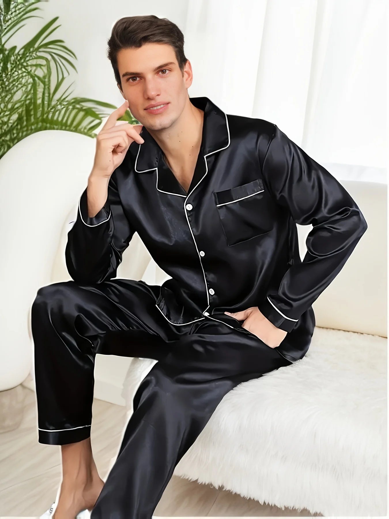 Men’s Silk Satin Pajama Set – Long-Sleeve Winter Sleepwear & Loungewear Style Heaven