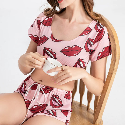 Sexy Lips Print Pajama Set – 2-Piece Summer Sleepwear Suit Style Heaven
