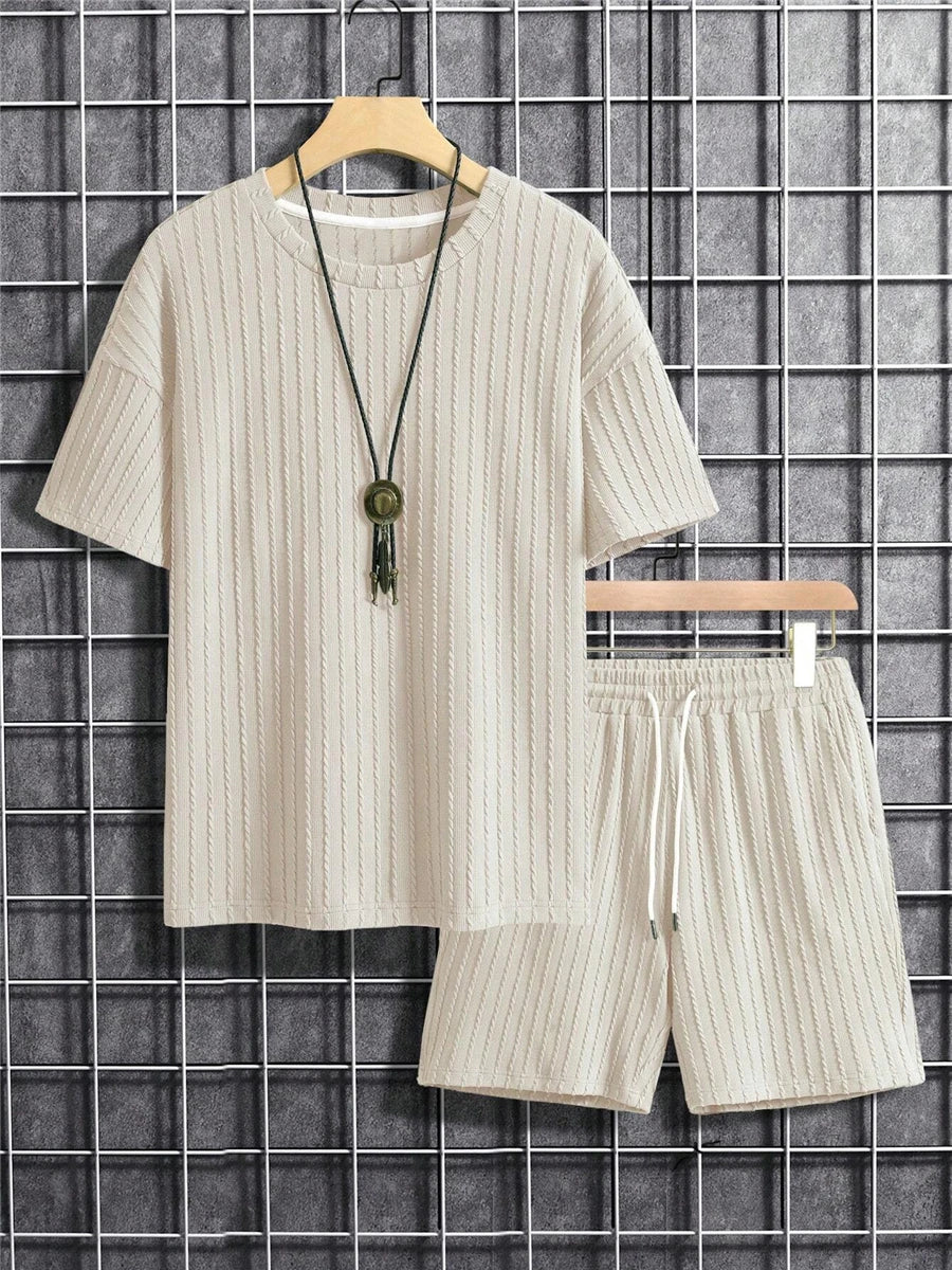 Men’s Two-Piece Summer Set – Solid Stripe T-Shirt & Shorts Casual Gym Streetwear Style Heaven
