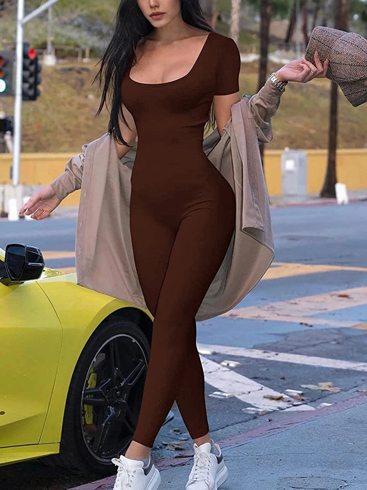2025 Spring and Summer New Women's One-piece Short Sleeve Solid Color Sexy Slim Fit Street Style Jumpsuit Style Heaven