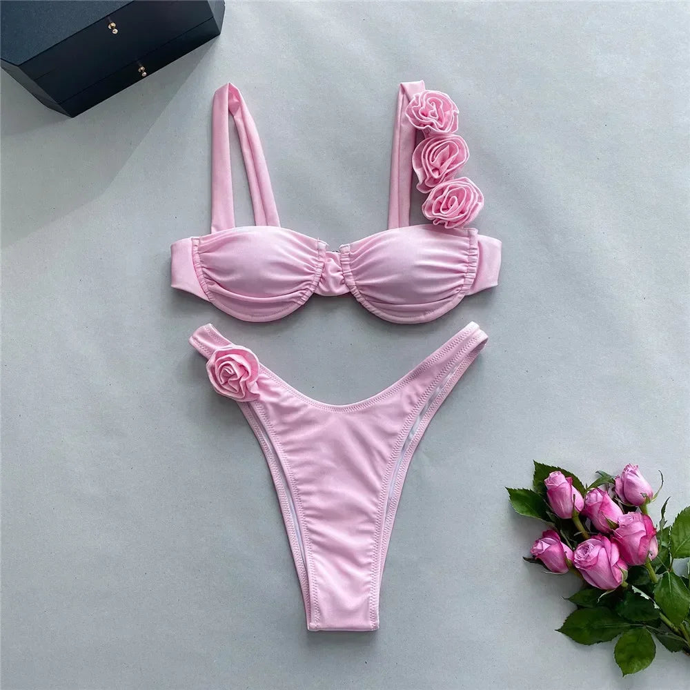 Sexy 3D Flower Shiny Pink Push-Up Bikini – Underwired High-Cut Bathing Suit with Wrinkled Detailing – 2025 Swimwear Set Style Heaven