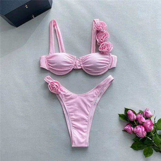 Sexy 3D Flower Shiny Pink Push-Up Bikini – Underwired High-Cut Bathing Suit with Wrinkled Detailing – 2025 Swimwear Set Style Heaven