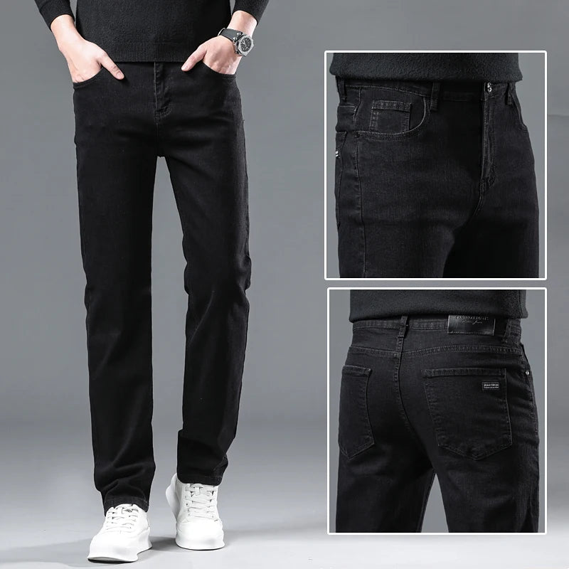 Men’s Pure Black Straight Fit Jeans – Classic Elastic Denim Business Trousers - Style Heaven