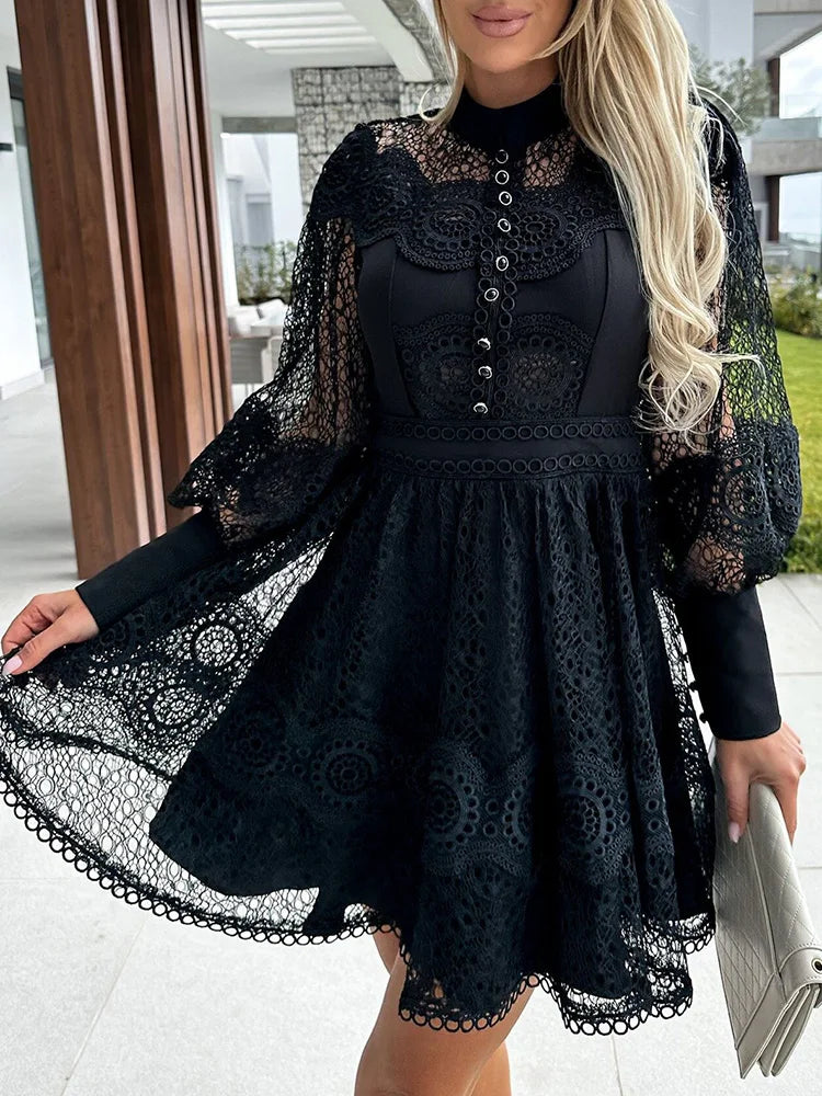 Spring Summer Women's Solid O-Neck Mini Dress – Fashion Hollow Out Lantern Sleeve Party Dress Style Heaven