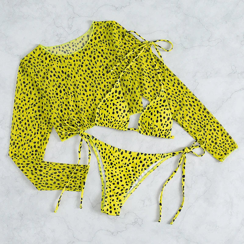 Leopard Print 3-Piece Micro Bikini Set – Halter Top, Low Waist Bottoms & Cover-Up - Style Heaven