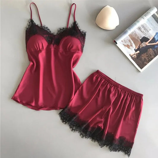 Sexy Lace Satin Pajama Set – V-Neck Babydoll Sleepwear with Bowknot Style Heaven