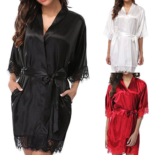 Women’s Lace Silk Pajama Robe – Soft & Elegant Half-Sleeve Nightgown Style Heaven