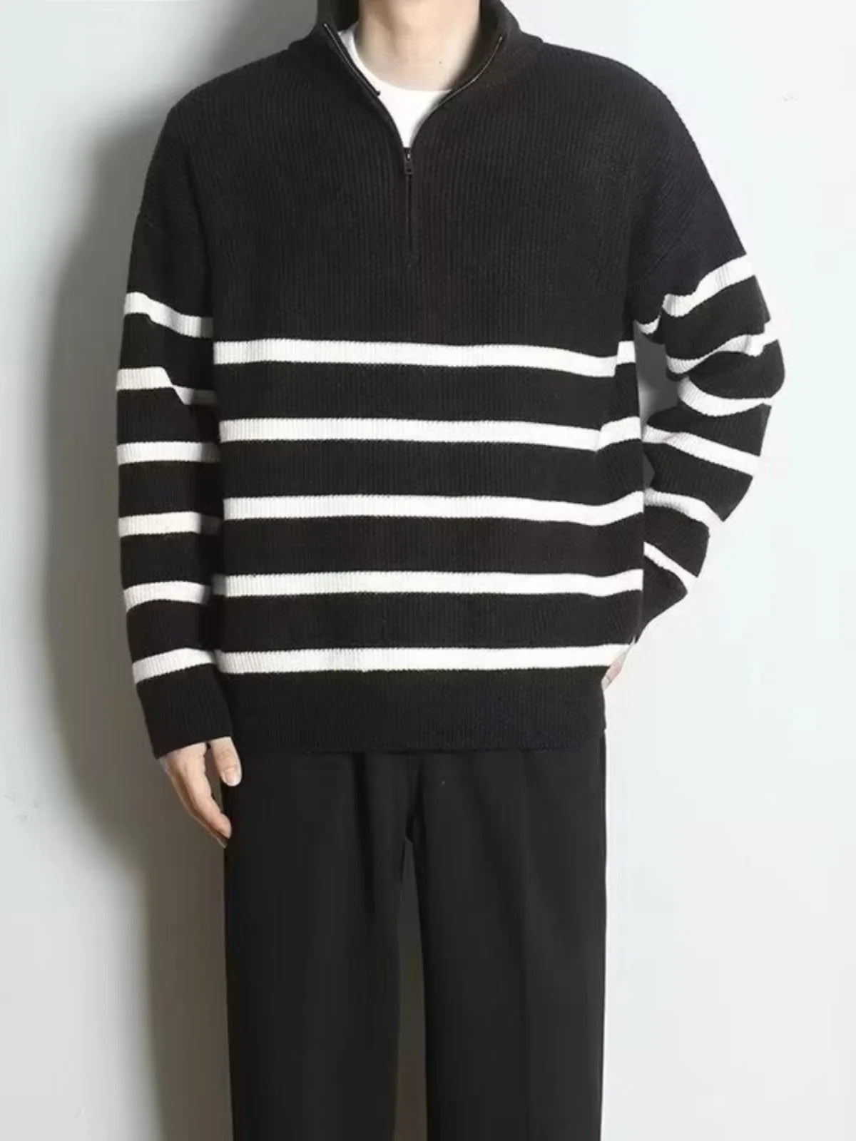 Men’s Korean-Style Striped Knitted Sweater – Mid High Collar Slim Fit Long Sleeve Casual Hoodie - Style Heaven