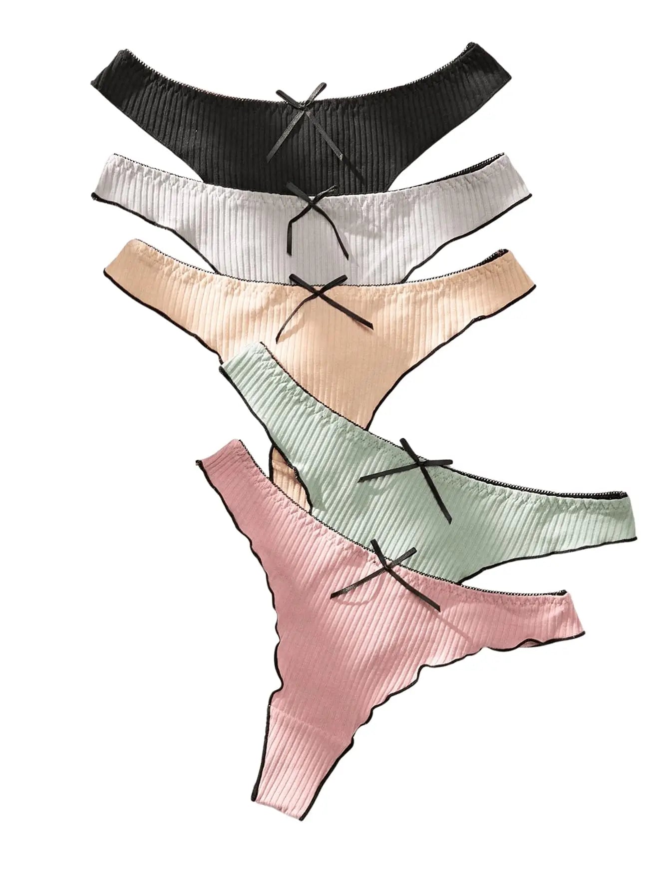 3-Pack Ribbed Cotton Thong Panties – Low Rise G-String with Bow Detail