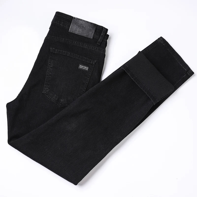 Men’s Pure Black Straight Fit Jeans – Classic Elastic Denim Business Trousers - Style Heaven
