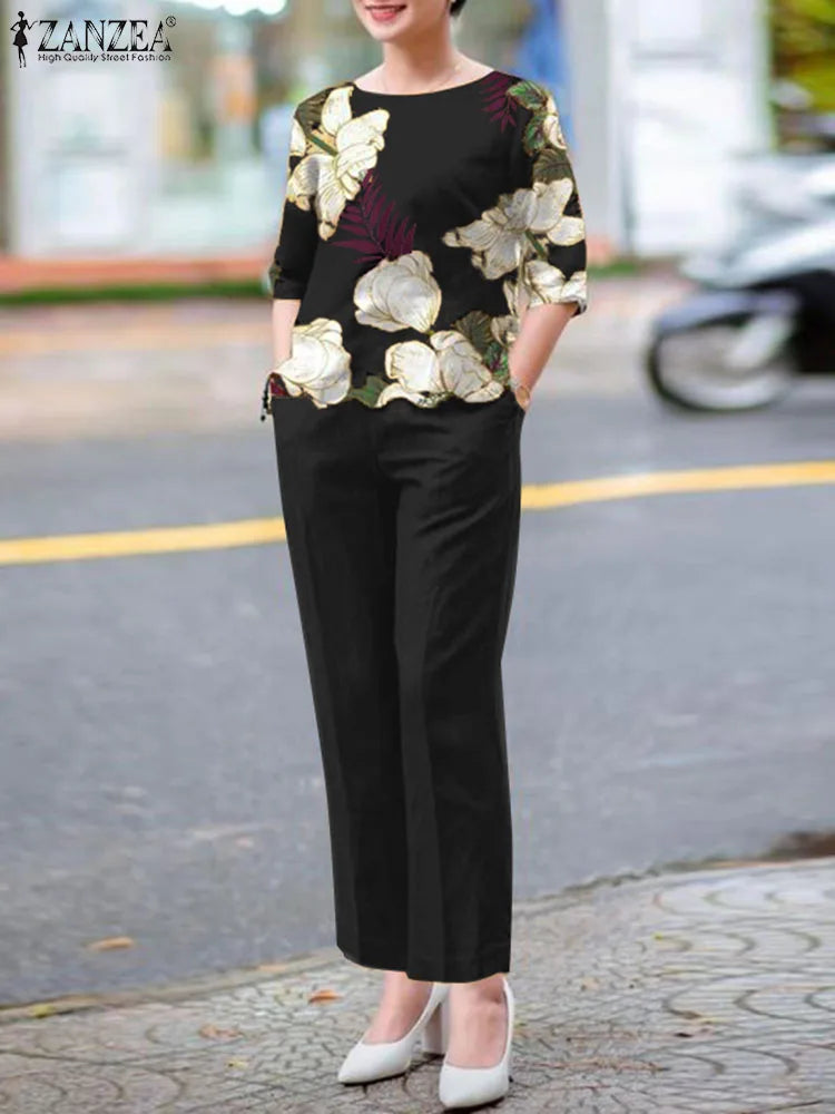 2-Piece Floral Blouse & Pants Set – Elegant Office & Summer Outfit for Women Style Heaven