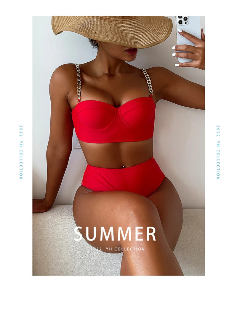 7 Colors High Waist Bikini Set – Padded Wrap Top with Chain Shoulder Straps – Fluorescent Green/Black/Bright Orange Style Heaven