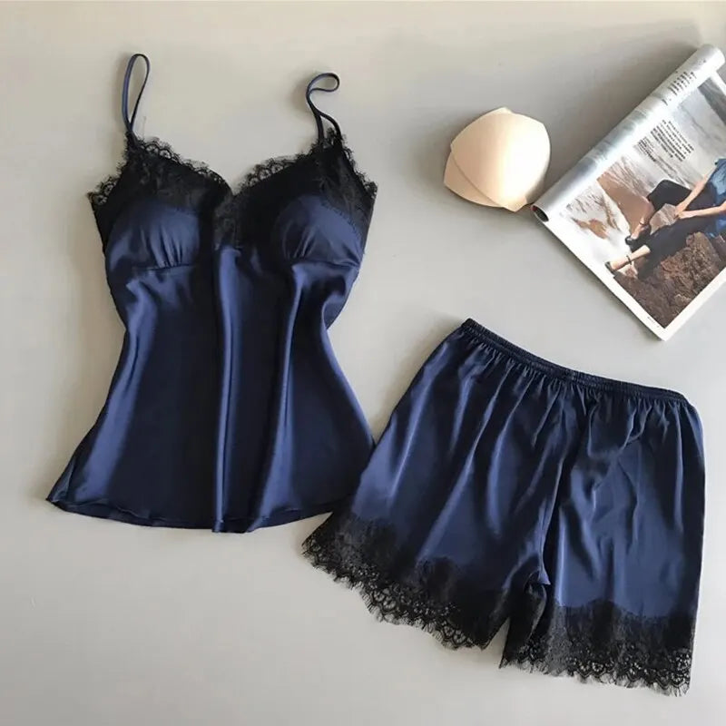 Sexy Lace Satin Pajama Set – V-Neck Babydoll Sleepwear with Bowknot Style Heaven