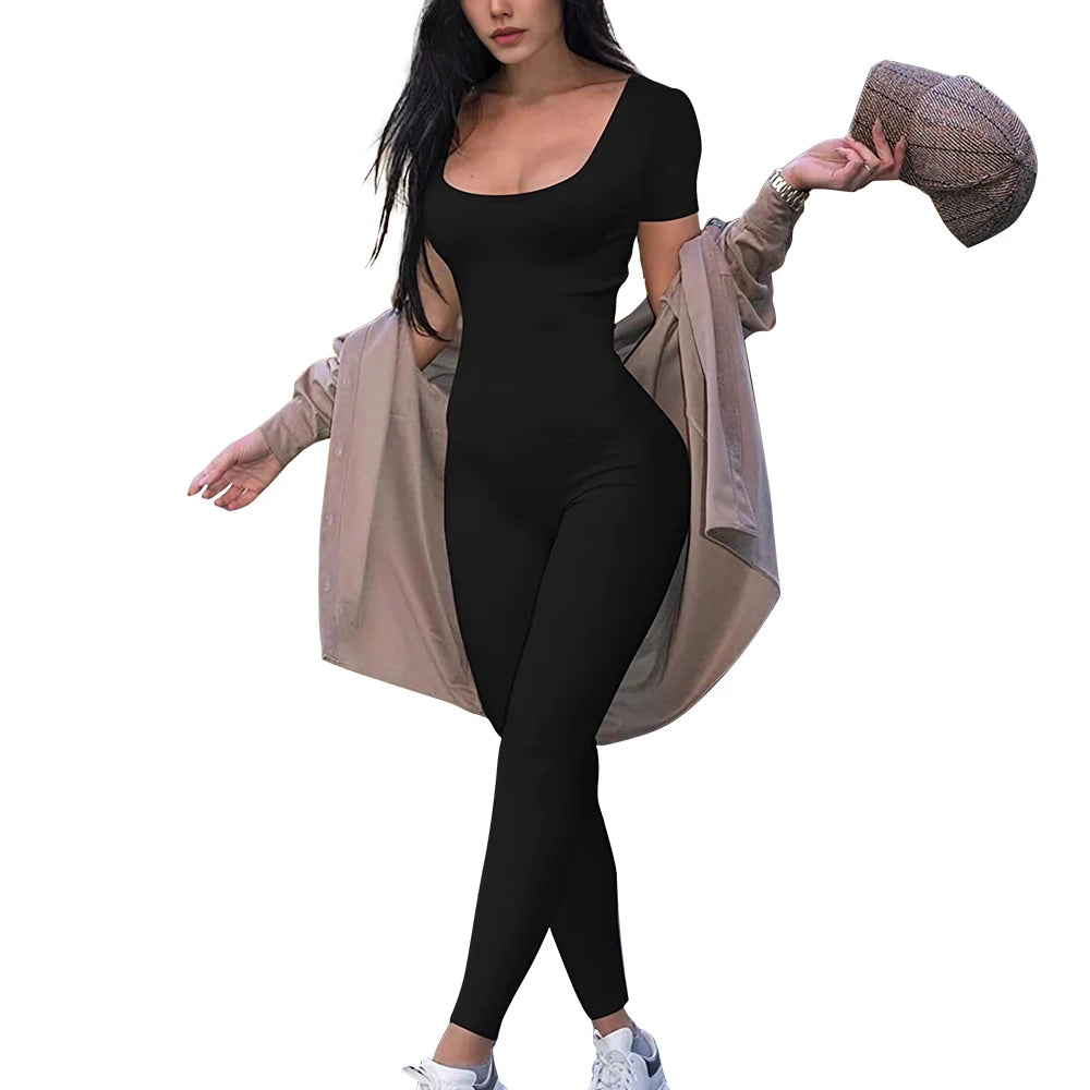 2025 Spring and Summer New Women's One-piece Short Sleeve Solid Color Sexy Slim Fit Street Style Jumpsuit Style Heaven