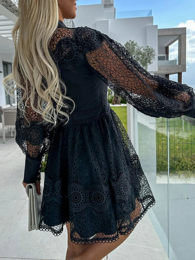 Spring Summer Women's Solid O-Neck Mini Dress – Fashion Hollow Out Lantern Sleeve Party Dress Style Heaven