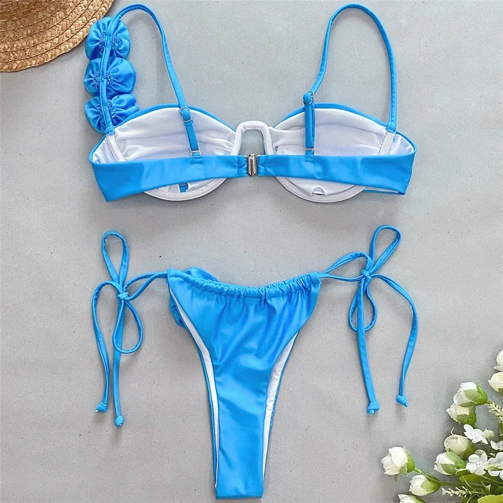 Sexy 3D Flower Shiny Pink Push-Up Bikini – Underwired High-Cut Bathing Suit with Wrinkled Detailing – 2025 Swimwear Set Style Heaven
