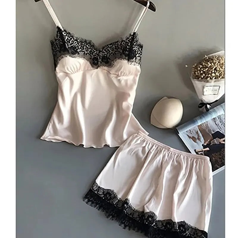 Sexy Lace Satin Pajama Set – V-Neck Babydoll Sleepwear with Bowknot Style Heaven