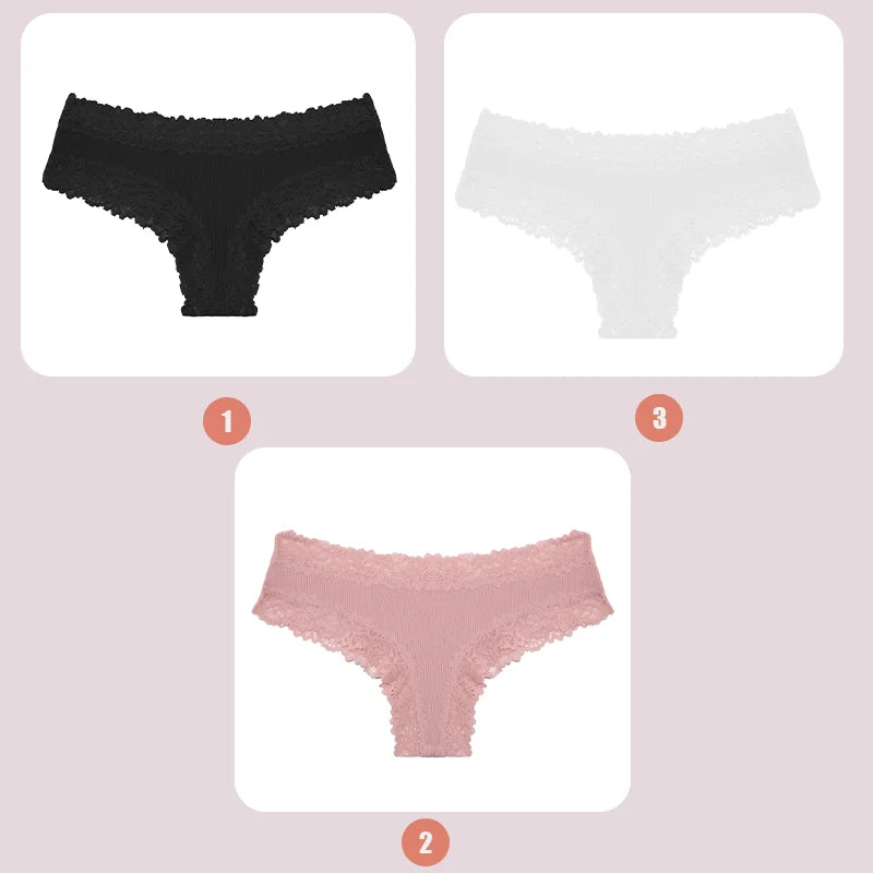 3PCS Women's Lace Seamless Cotton Panties – Ribbed Brazilian Low Waist Underwear, Breathable & Plus Size Lingerie Style Heaven